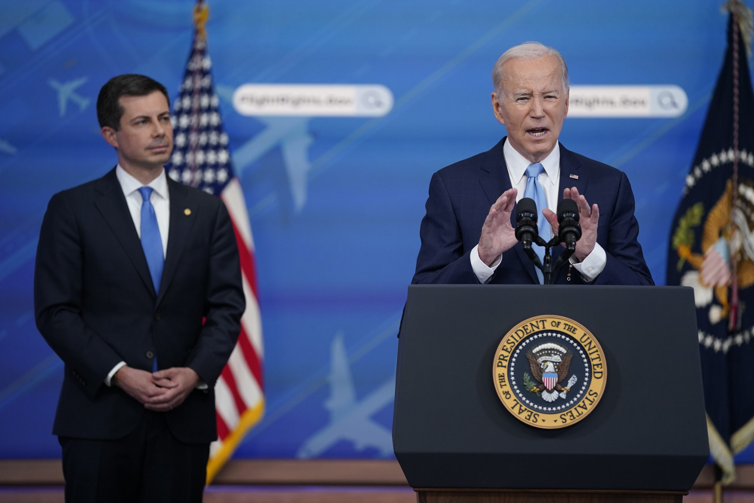 Joe Biden speaks with Pete Buttigieg