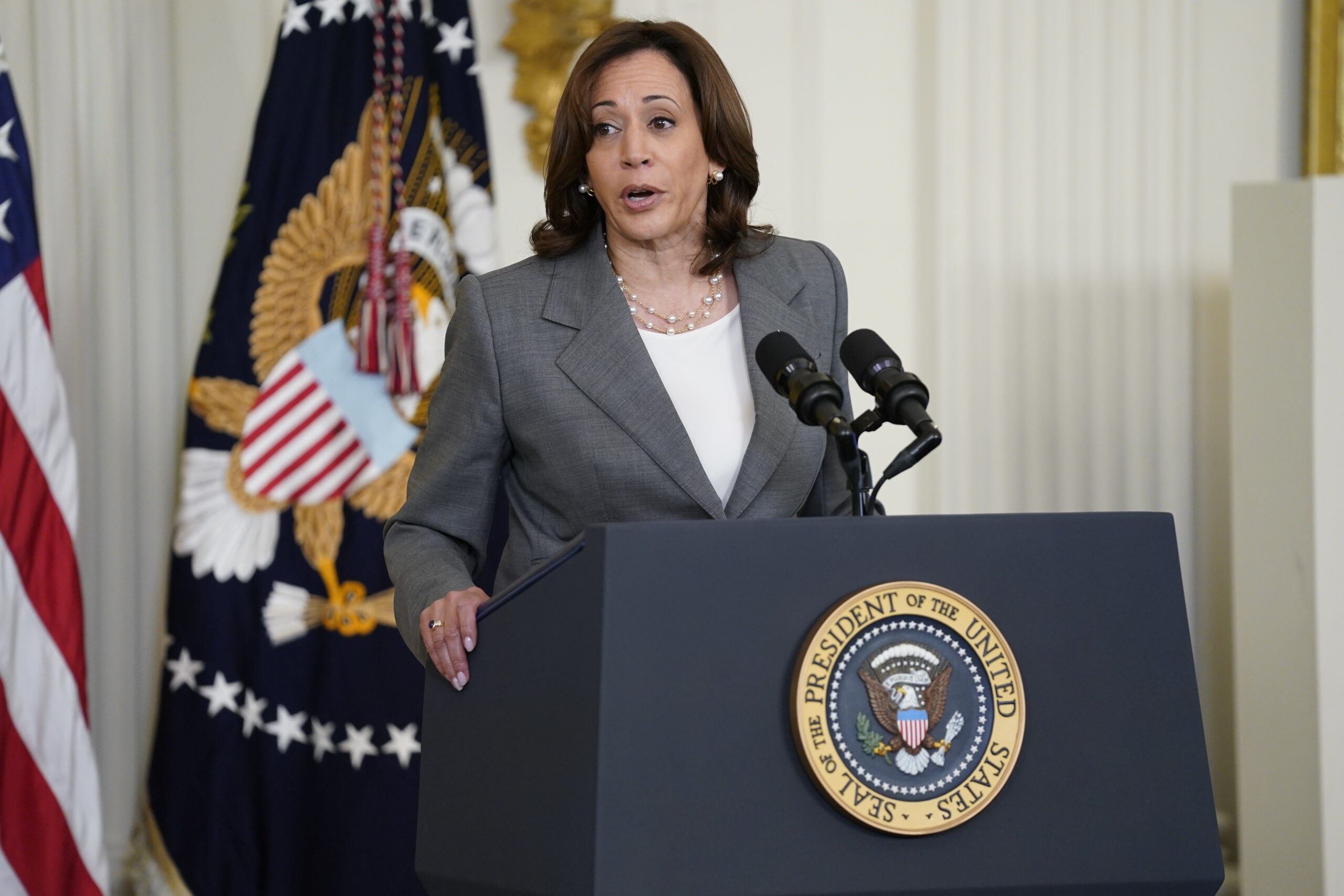 Vice President Kamala Harris speaks during an event about high speed internet infrastructure, in the East Room of the White House, Monday, June 26, 2023, in Washington.