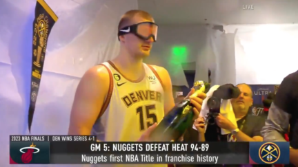 Nikola Jokic celebrates winning the NBA Finals