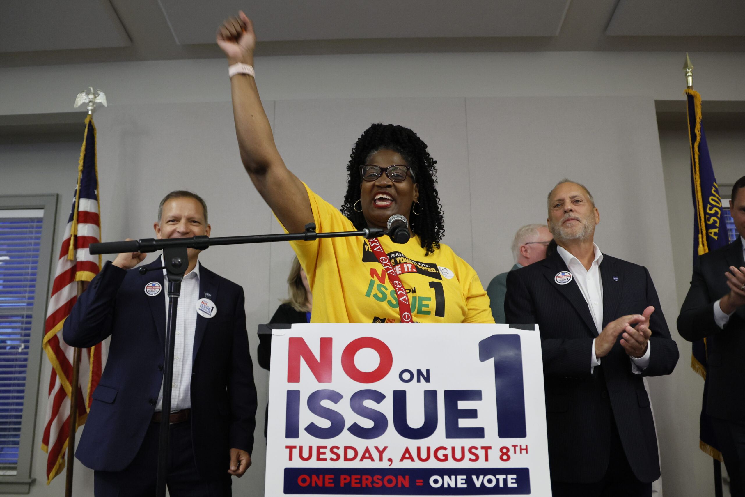 Deidra Reese, statewide program manager for the Ohio Unity Coalition, celebrates the defeat of Issue 1 during a watch party Tuesday, Aug. 8, 2023, in Columbus, Ohio. Ohio voters have resoundingly rejected a Republican-backed measure that would have made it more difficult to pass abortion protections. 
