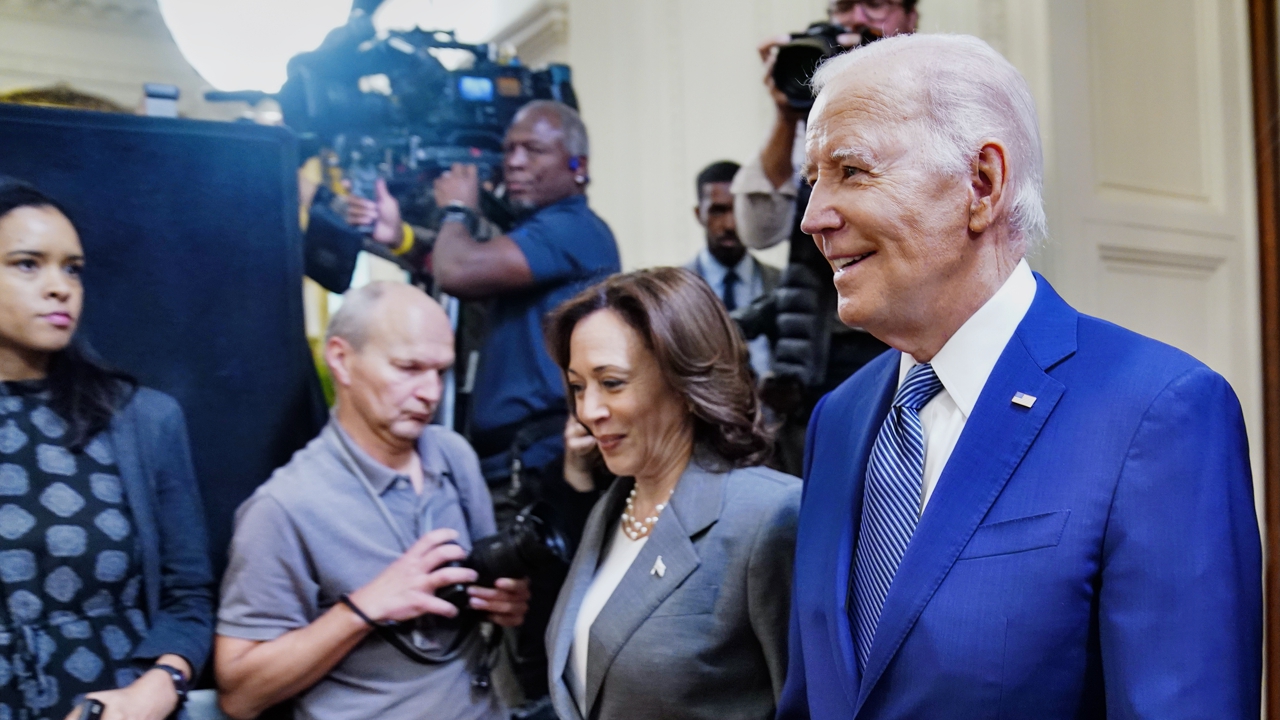 President Joe Biden arrives in the East Room with Vice President Kamala Harris and Jeff Say for an event about high speed internet infrastructure at the White House, Monday, June 26, 2023, in Washington. 