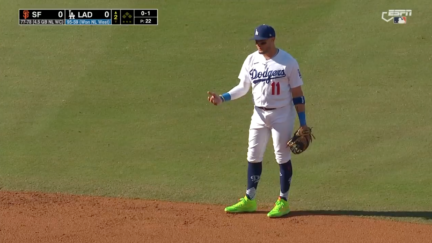 Los Angeles Dodgers shortstop Miguel Rojas does an in-game interview