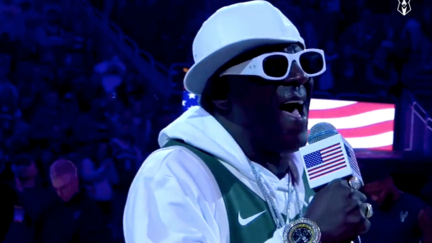Flavor Flav sings the national anthem at the Milwaukee Bucks game on Oct. 29