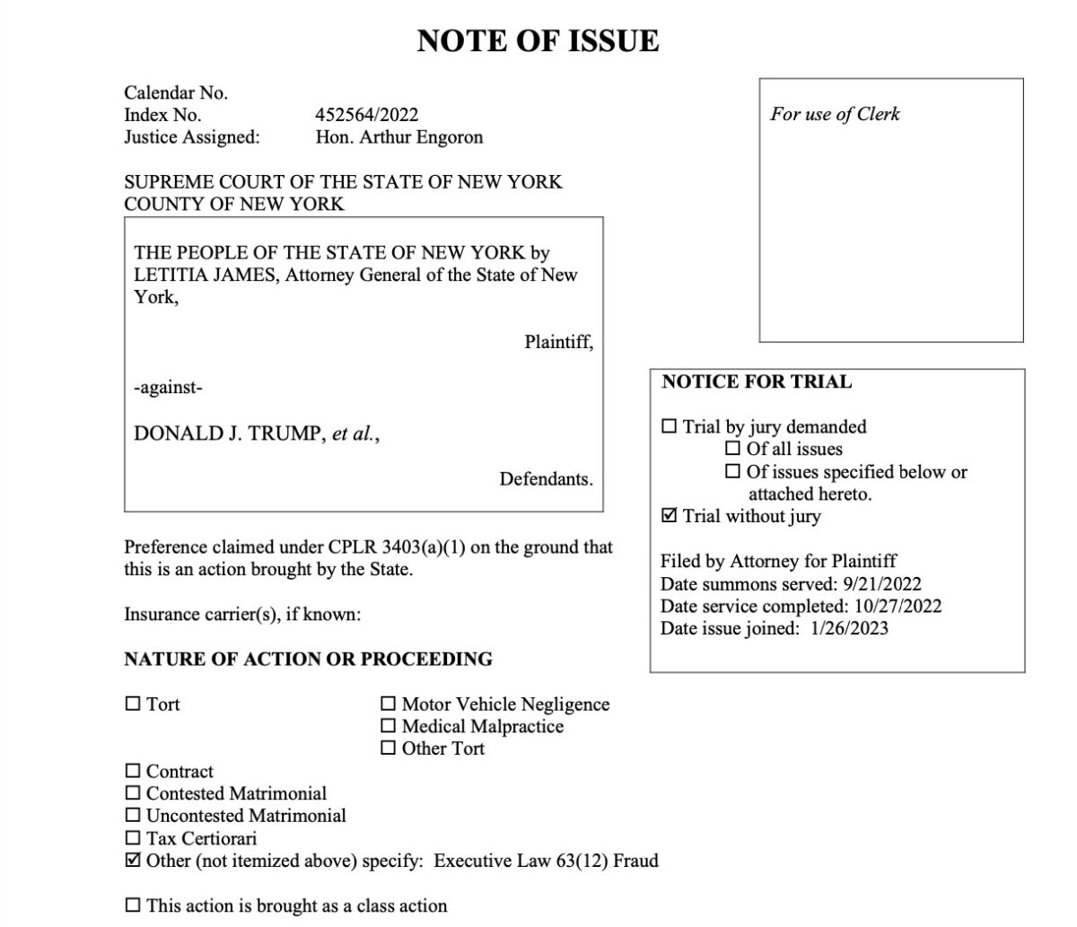 NY notice for trial filed by NY AG's office in Trump fraud case