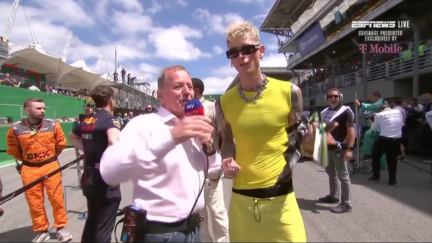 Sky Sports reporter Martin Brundle interviews Machine Gun Kelly