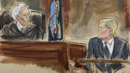 Judge Arthur Engoron questions Donald Trump, courtroom sketch