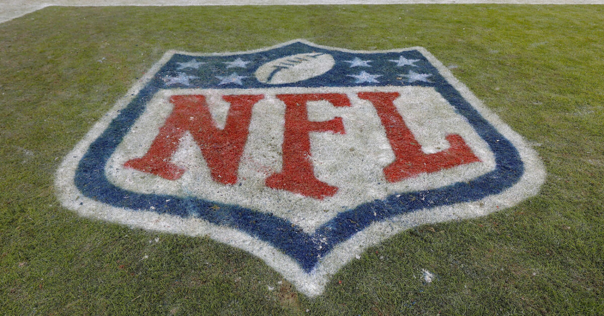 The NFL logo shield is painted on the playing field in the end zone during an NFL football game