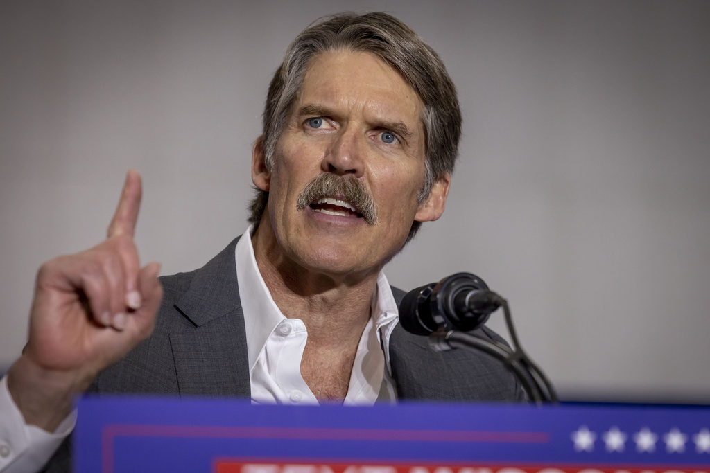 Madison, Wis. businessman and Republican U.S. Senate candidate, Eric Hovde speaks Tuesday April 2, 2024, at a former President Donald Trump rally in Green Bay, Wis. The Wisconsin Senate race between Democratic Sen. Tammy Baldwin and Republican Eric Hovde is setting up as one of the most competitive and expensive Senate races in the country. 