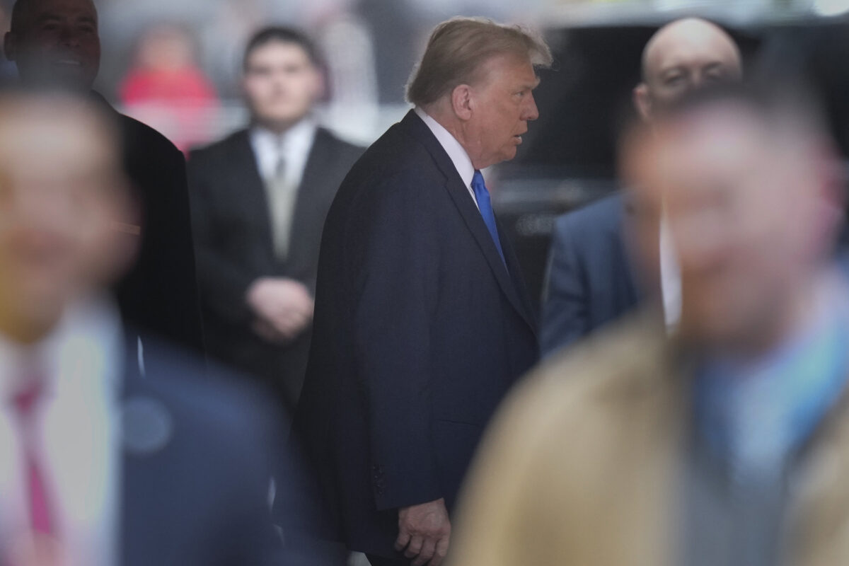 Former president Donald Trump leaves Trump Tower on his way to Manhattan criminal court, Thursday, April 18, 2024, in New York. 
