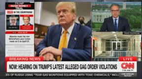 Split screen of Trump in court and Jake Tapper