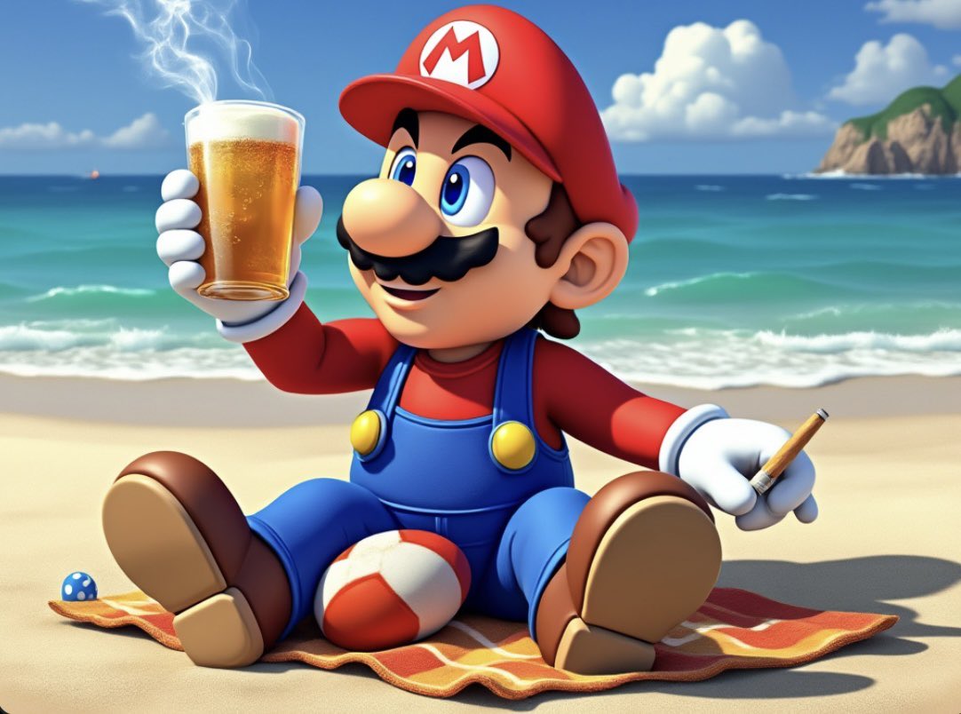 Grok created image of Mario smoking and drinking 