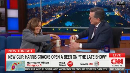 Kamala Harris and Stephen Colbert having a beer