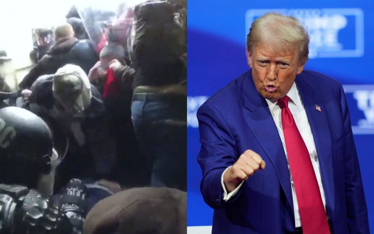 Side by side images of January 6 insurrection and Donald Trump