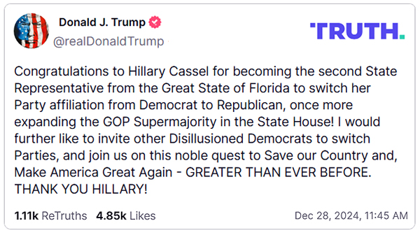 I would further like to invite other Disillusioned Democrats to switch Parties, and join us on this noble quest to Save our Country and, Make America Great Again - GREATER THAN EVER BEFORE. THANK YOU HILLARY!