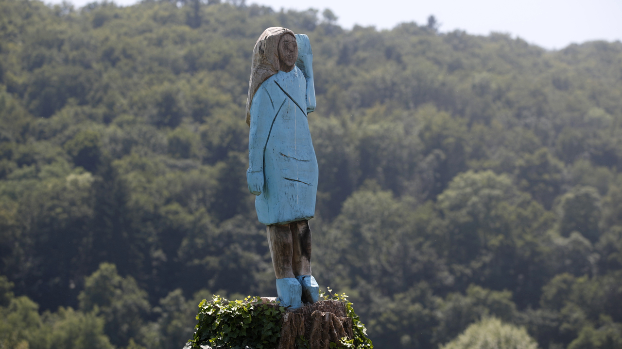 In this Friday, July 5, 2019 photo, a sculpture created by American artist Brad Downey depicting Melania Trump is seen in her hometown in Sevnica, Slovenia. A life-size sculpture of the U.S. first lady has been unveiled in her hometown of Sevnica, drawing mixed reactions from the locals