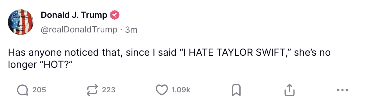 Trump Truth Social post about Taylor Swift