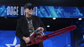 Elon Musk wields chainsaw ahead of speech on cutting government.