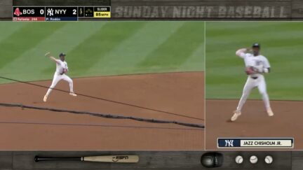 Yankees infielder Jazz Chisholm Jr. misses throw during in-game interview