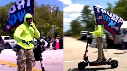 Fan With 'TRUMP WON!' Flag Trolls 'Alligator Alcatraz' Protesters On Scooter