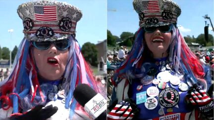 Trump Rally Fan With Giant 'Q' Patch Rants About Being Jailed For Jan 6
