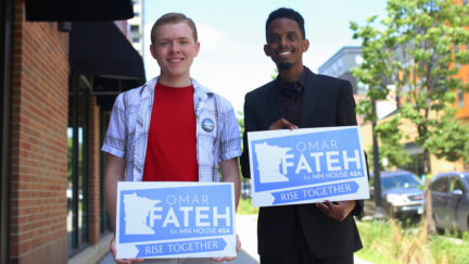 In this June 1, 2018, photo, University student Austin Berger, left, poses for a portrait with Omar Fateh, who is running for the Minnesota House of Representatives in Dinkytown, Minn. Berger and other student staffers created a unionization campaign based on Rep. Erin Murphy's campaign for governor.