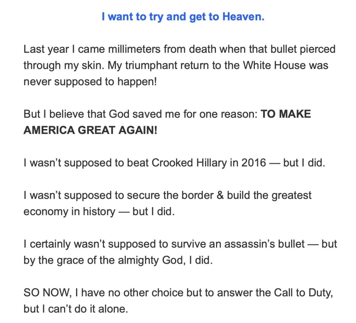 trump fundraising email about heaven