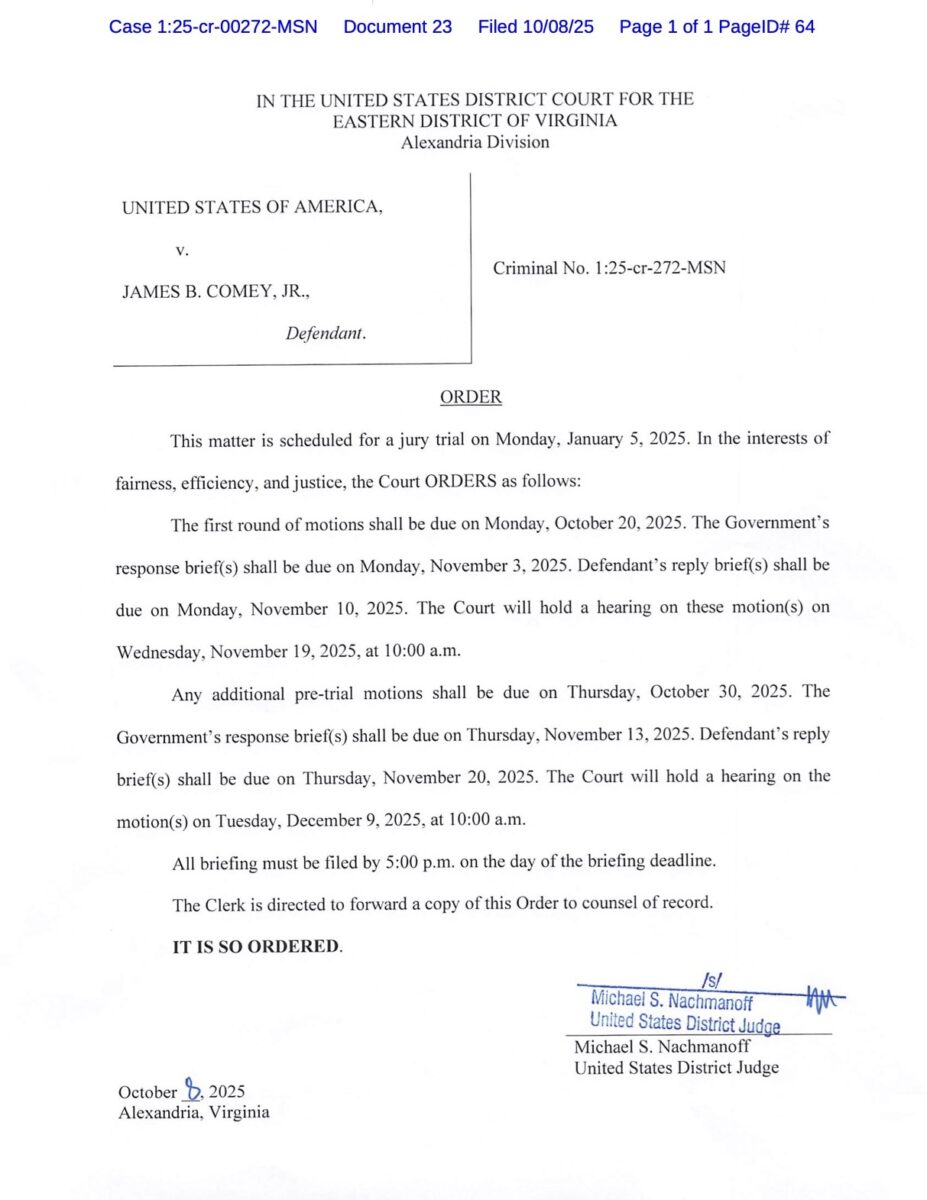 court order in US vs. Comey setting trial date
