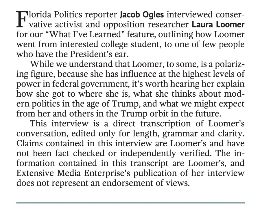 Laura Loomer interview disclaimer