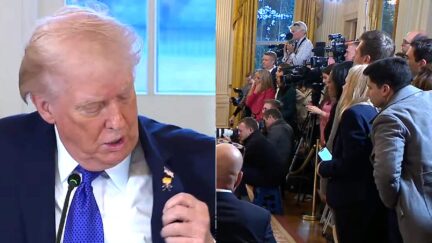 Reporters Laugh As Trump Reveals He Is Wearing Cartoonish 'Happy Trump' Swag Pin At White House Event