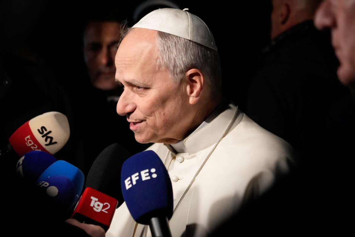 Pope Leo XIV talks to journalists