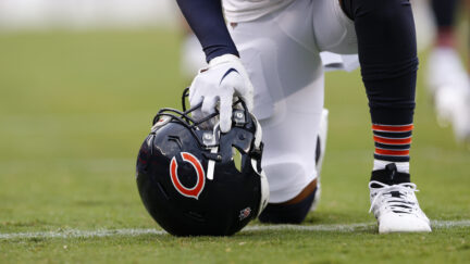 A detail of the Chicago Bears logo on a helmet prior to an NFL preseason football game against the Cincinnati Bengals, Saturday, Aug. 17, 2024, in Chicago. The Bears won 27-3. (Aaron M. Sprecher via AP)