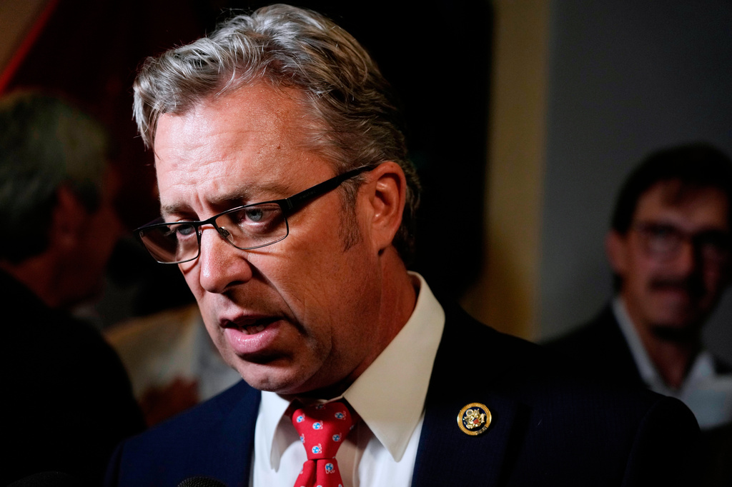 FILE - Rep. Andy Ogles, R-Tenn., speaks to supporters after being declared the winner in his Republican primary race, Aug. 1, 2024, in Franklin, Tenn. 