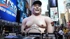 Photo by: NDZ/STAR MAX/IPx 2026 6/11/26 A giant inflatable effigy of Elon Musk on display in Times Square to protest Grok on June 11, 2026 in New York City.