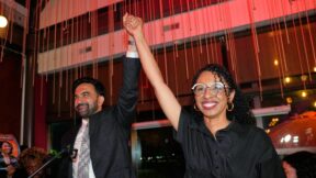 New York City Mayor Zohran Mamdani celebrates with Democratic congressional candidate Darializa Avila Chevalier during an election night watch party Tuesday, June 23, 2026, in New York. (AP Photo/Seth Wenig)