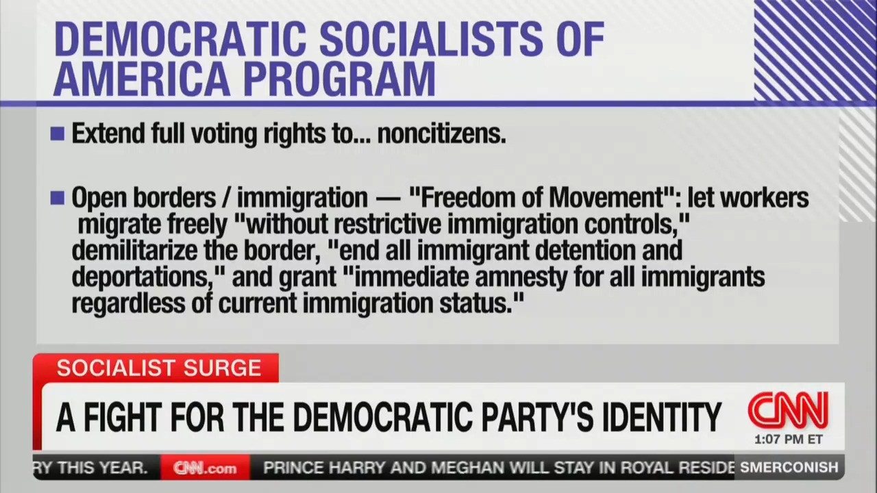 graphic of dsa's program including full voting rights for noncitizens and open boarders with the chryon a fight for the democratic party's identity
