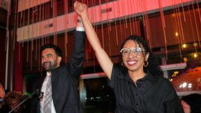 New York City Mayor Zohran Mamdani celebrates with Democratic congressional candidate Darializa Avila Chevalier during an election night watch party Tuesday, June 23, 2026, in New York. (AP Photo/Seth Wenig)
