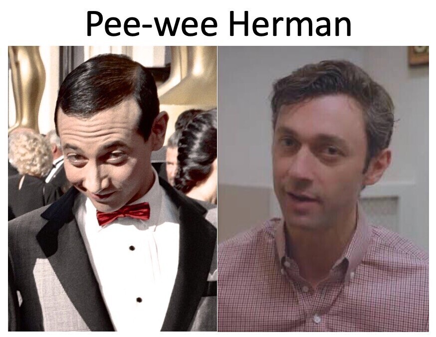 Jon Ossoff side-by-side with the character Pee-wee Herman, the alter ego of actor Paul Reubens