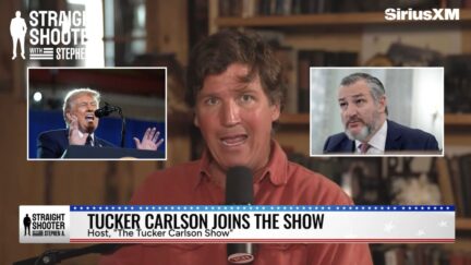 tucker carlson with insets of trump and ted cruze