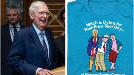 composite with a smiling mcconnell holding the back of a chair, and right a blue tshirt with the phrase mitch mcconnell is dying for half price beer day with a cartoon of a weekend at bernie's like scene and mcconnell being propped up by trump