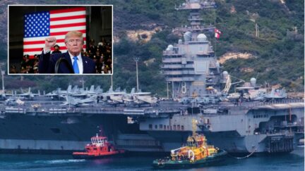 trump inset with fist raised and american flag in the background; main image uss gerald ford file photo