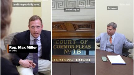 left max miller talking to reporter; center front of courthouse; right larry zukerman