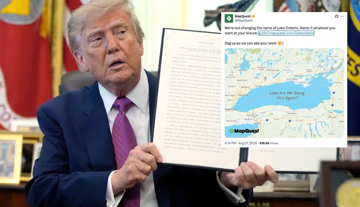 composite of donald trump at lake america signing with inset of mapquest x post with lake ontario name generator