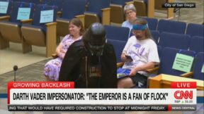 Darth Vader talking about flock cameras at a local meeting