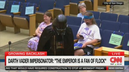 Darth Vader talking about flock cameras at a local meeting