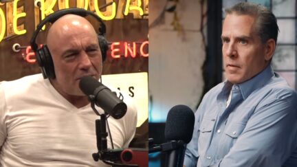 Joe Rogan hosting Joe Rogan Experience (L)/Hunter Biden on the Mostly Wise podcast