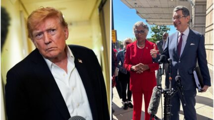 Donald Trump on Air Force One, left (AP Photo/Julia Demaree Nikhinson); Joyce Beatty and her lawyer, Norm Eisen, right (AP Photo/Nathan Ellgren)