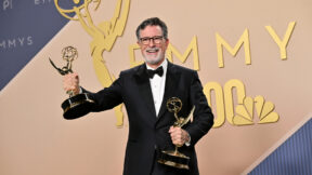 Stephen Colbert poses in the press room with the Emmy for Outstanding Variety Series during the Television Academy's 78th Emmy Awards telecast at the Peacock Theater at L.A. LIVE on Monday, Sept. 14, 2026 in Los Angeles.