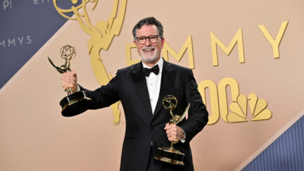 Stephen Colbert poses in the press room with the Emmy for Outstanding Variety Series during the Television Academy's 78th Emmy Awards telecast at the Peacock Theater at L.A. LIVE on Monday, Sept. 14, 2026 in Los Angeles.