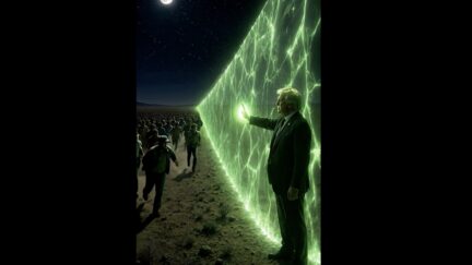 trump as green lantern in front of a green border wall holding back a group of people in the desert