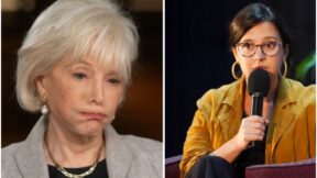composite lesley stahl left bari weiss holding a mic, right